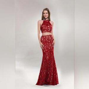 Red Two Piece High Neck Lace Evening Gown